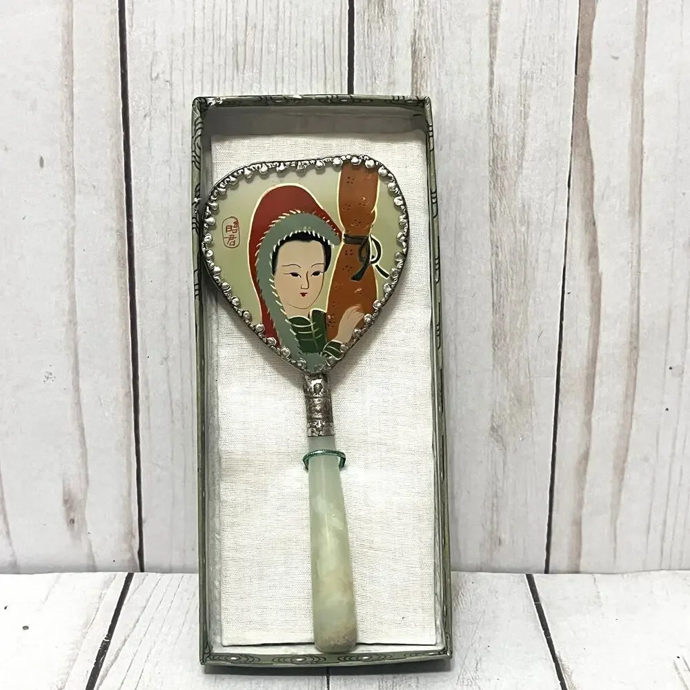 Vintage Asian Heart Shaped Hand Mirror Geisha Enamel Faux Jade Handle